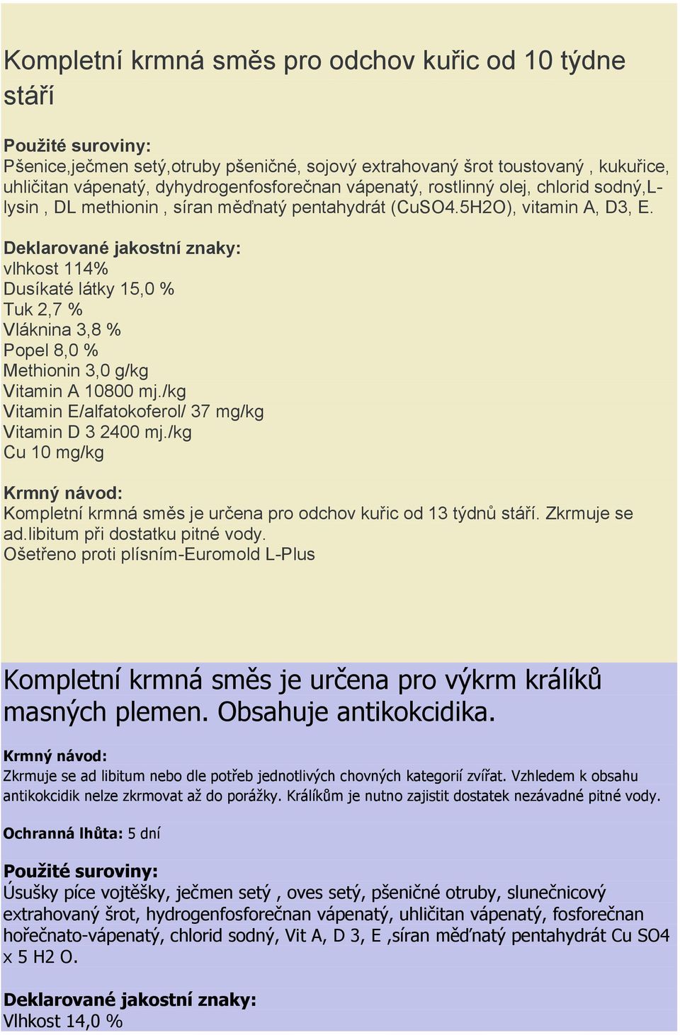 vlhkost 114% Dusíkaté látky 15,0 % Tuk 2,7 % Vláknina 3,8 % Popel 8,0 % Methionin 3,0 g/kg Vitamin E/alfatokoferol/ 37 mg/kg Cu 10 mg/kg Kompletní krmná směs je určena pro odchov kuřic od 13 týdnů