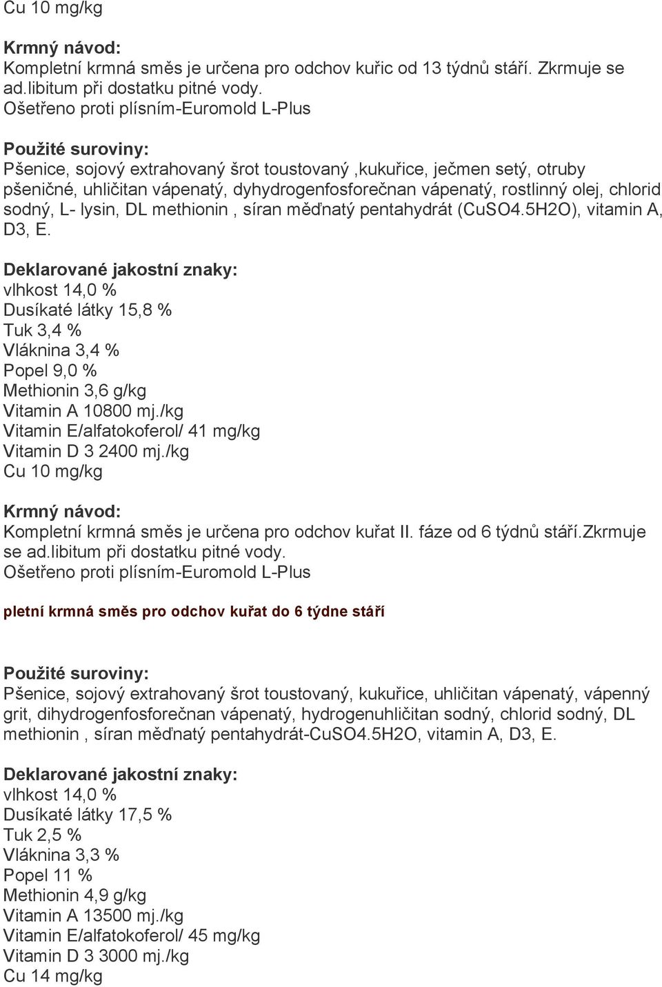 sodný, L- lysin, DL methionin, síran měďnatý pentahydrát (CuSO4.5H2O), vitamin A, D3, E.