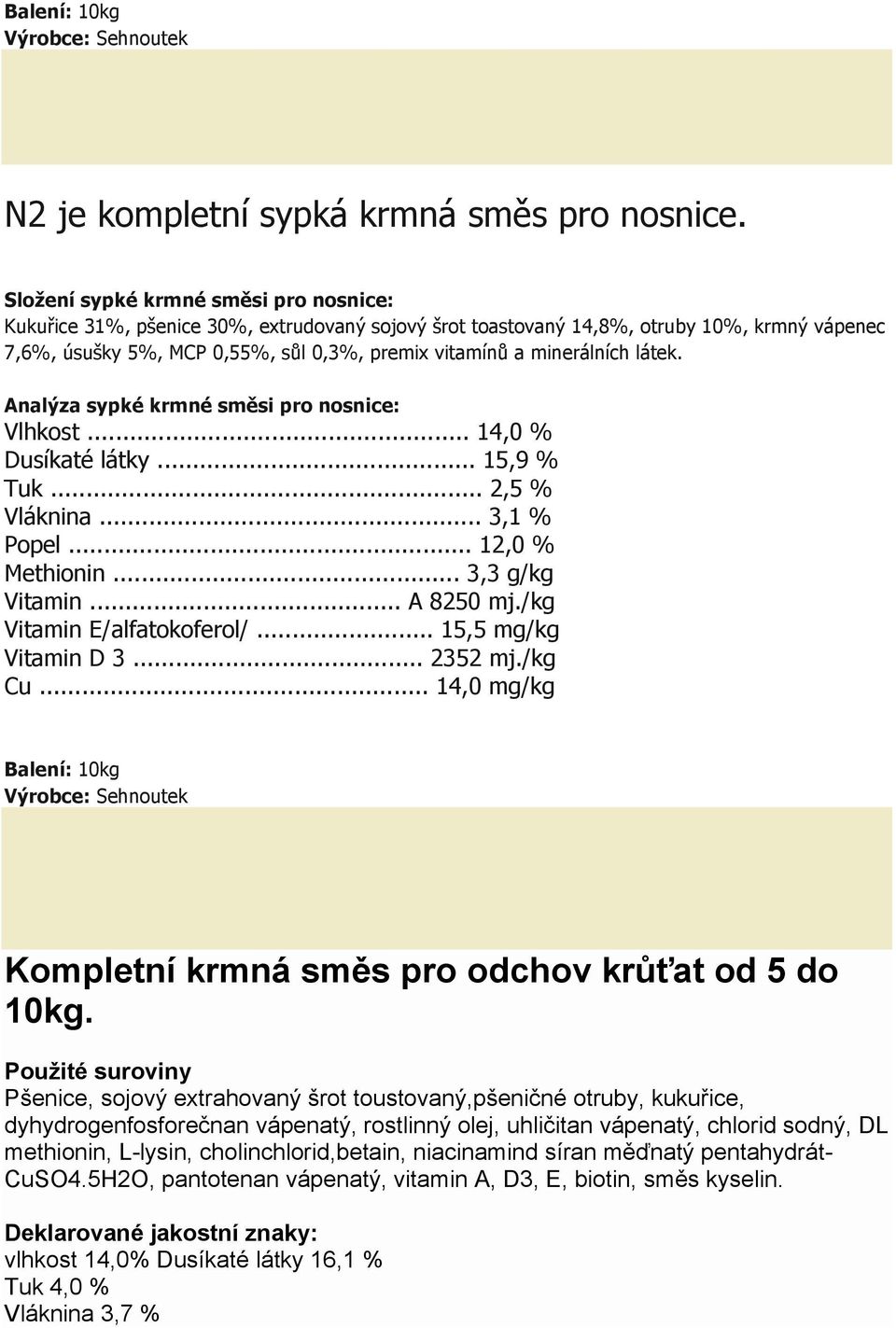 minerálních látek. Analýza sypké krmné směsi pro nosnice: Vlhkost... 14,0 % Dusíkaté látky... 15,9 % Tuk... 2,5 % Vláknina... 3,1 % Popel... 12,0 % Methionin... 3,3 g/kg Vitamin... A 8250 mj.