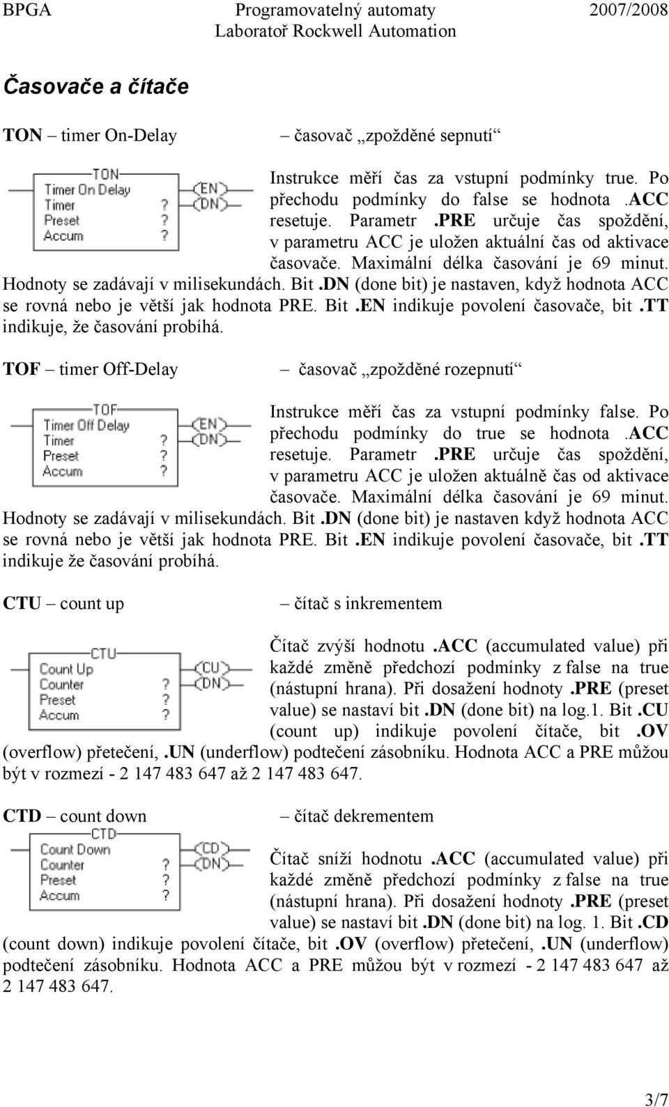 DN (done bit) je nastaven, když hodnota ACC se rovná nebo je větší jak hodnota PRE. Bit.EN indikuje povolení časovače, bit.tt indikuje, že časování probíhá.