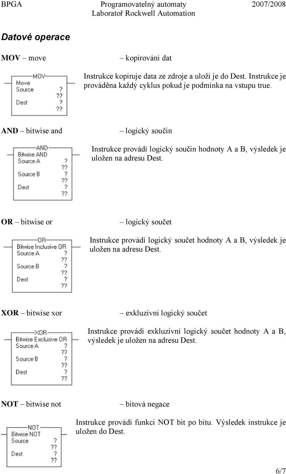 AND bitwise and logický součin Instrukce provádí logický součin hodnoty A a B, výsledek je uložen na adresu Dest.