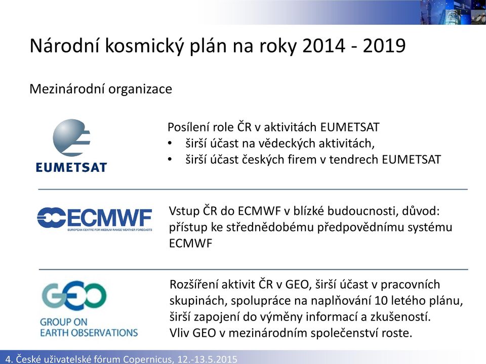 přístup ke střednědobému předpovědnímu systému ECMWF Rozšíření aktivit ČR v GEO, širší účast v pracovních skupinách,