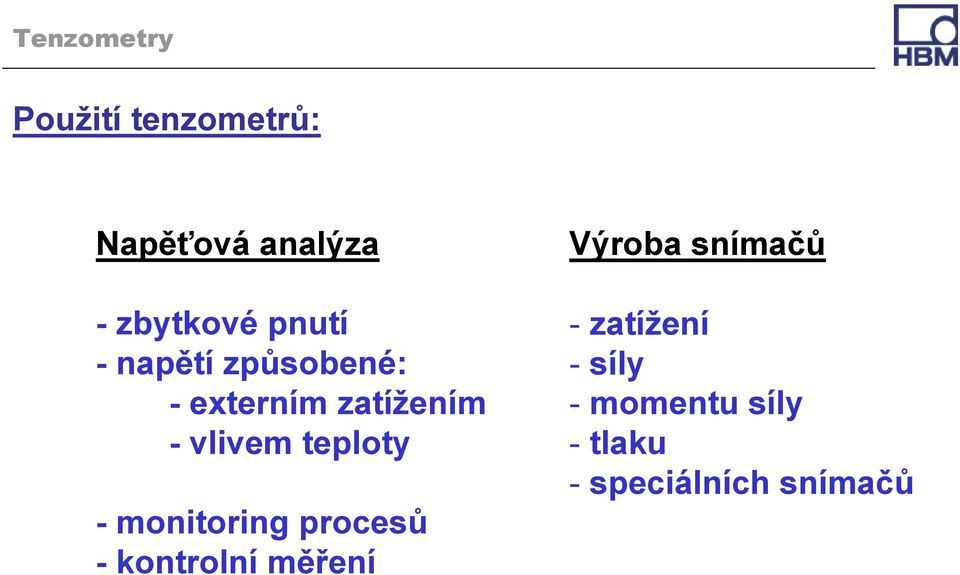 - monitoring procesů - kontrolní měření Výroba snímačů -