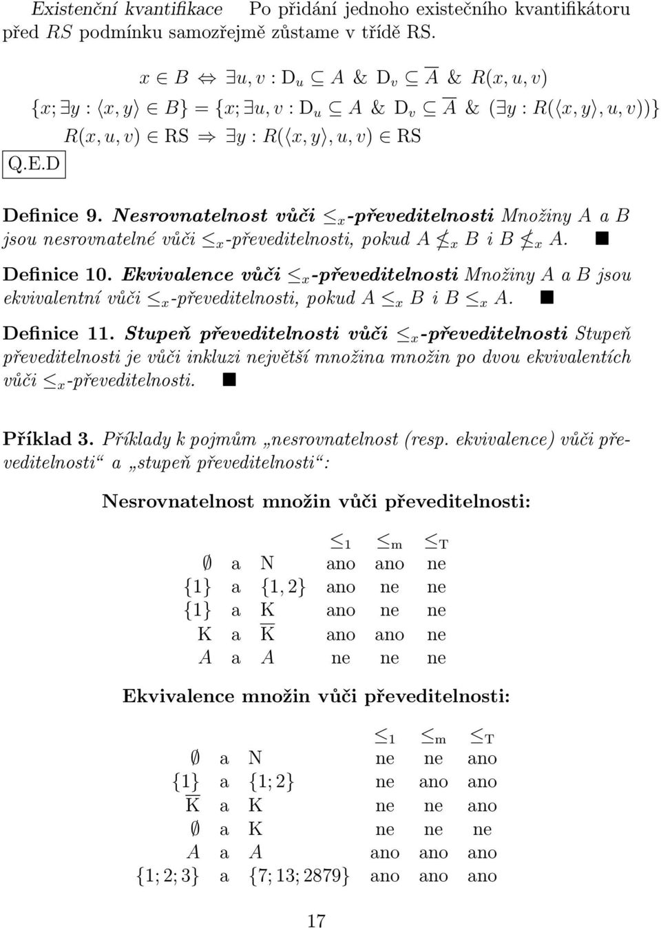 Nesrovnatelnost vůči x -převeditelnosti Množiny A a B jsou nesrovnatelné vůči x -převeditelnosti, pokud A x B i B x A. Definice 10.