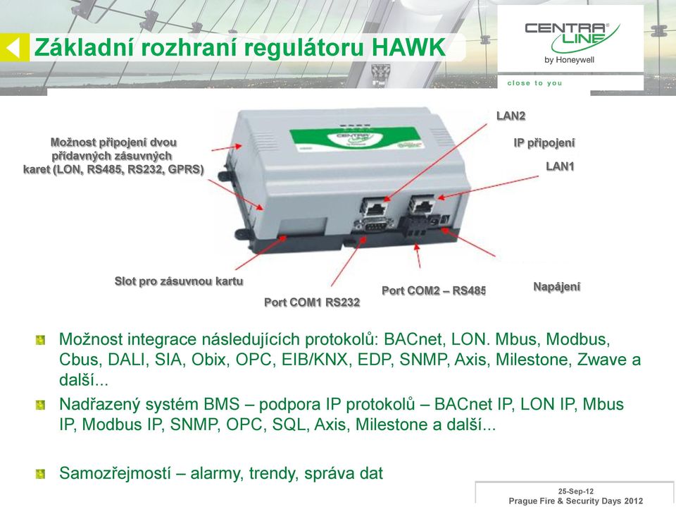 Mbus, Modbus, Cbus, DALI, SIA, Obix, OPC, EIB/KNX, EDP, SNMP, Axis, Milestone, Zwave a další.