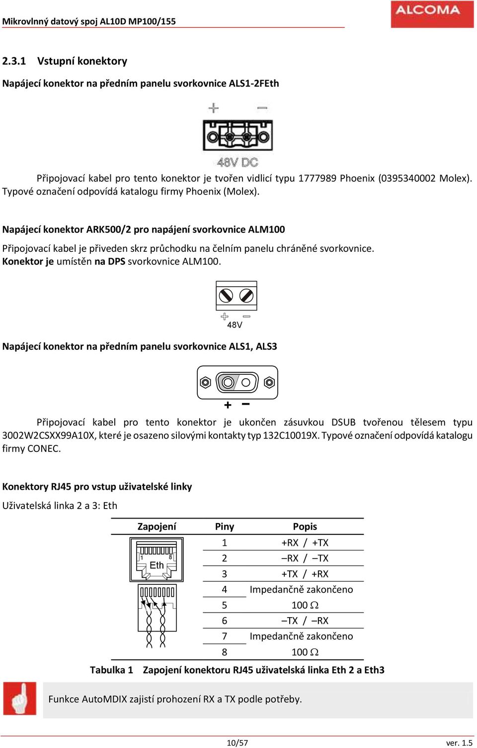 Typové označení odpovídá katalogu firmy Phoenix (Molex). Napájecí konektor ARK500/2 pro napájení svorkovnice ALM100 Připojovací kabel je přiveden skrz průchodku na čelním panelu chráněné svorkovnice.