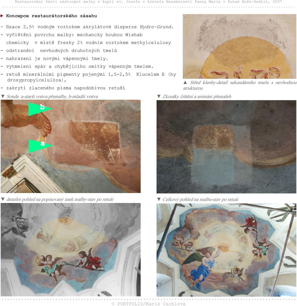 - vyčištění povrchu malby: mechancky houbou Wishab chemicky v místě fresky 2% vodním roztokem methylcelulosy - odstranění nevhodných druhotných tmelů - nahrazení je novými vápennými tmely.