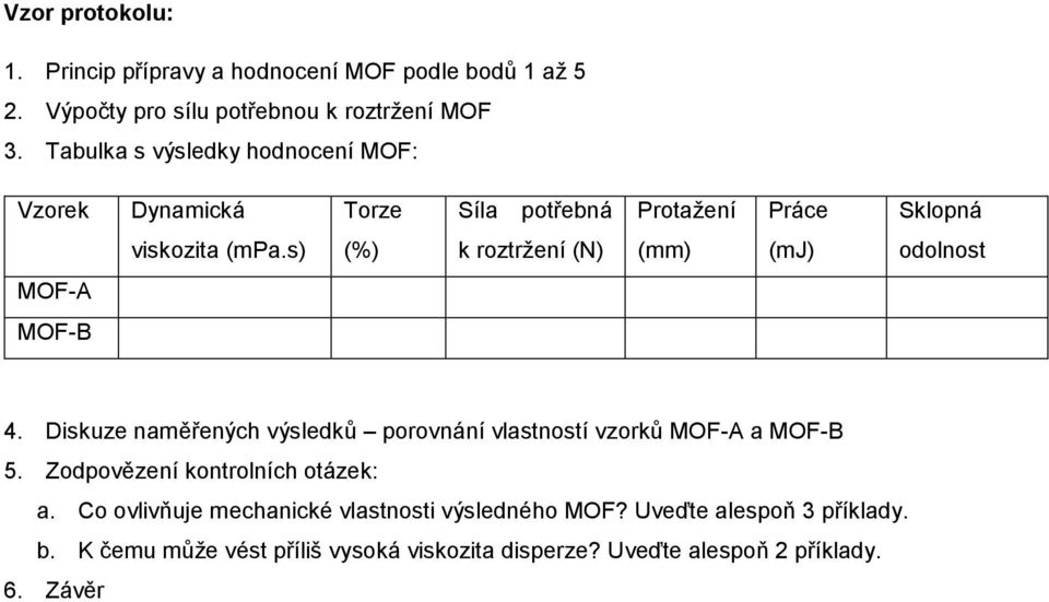 s) (%) k roztržení (N) (mm) (mj) odolnost MOF-A MOF-B 4. Diskuze naměřených výsledků porovnání vlastností vzorků MOF-A a MOF-B 5.