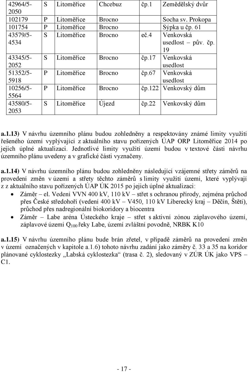 122 Venkovský dům 5564 43580/5-2053 S Litoměřice Újezd čp.22 Venkovský dům a.1.13) V návrhu územního plánu budou zohledněny a respektovány známé limity využití řešeného území vyplývající z aktuálního stavu pořízených ÚAP ORP Litoměřice 2014 po jejich úplné aktualizaci.