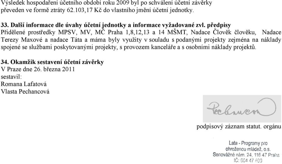 předpisy Přidělené prostředky MPSV, MV, MČ Praha 1,8,12,13 a 14 MŠMT, Nadace Člověk člověku, Nadace Terezy Maxové a nadace Táta a máma byly využity v souladu s