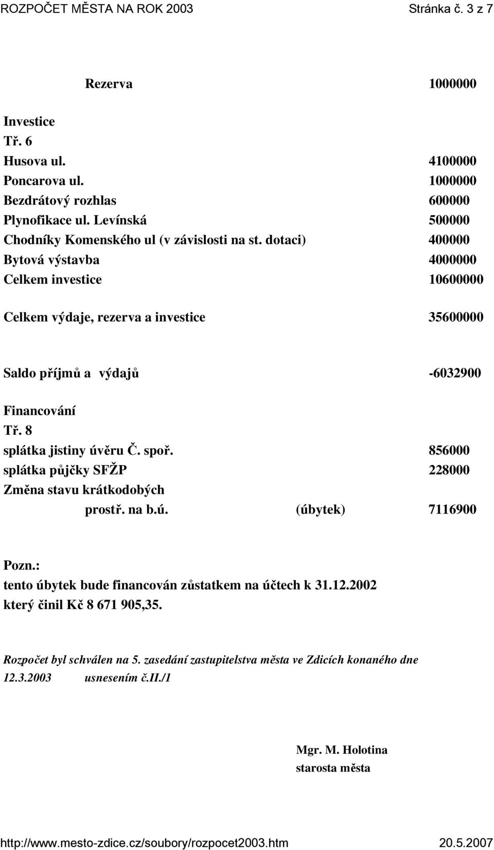 dotaci) 400000 Bytová výstavba 4000000 Celkem investice 10600000 Celkem výdaje, rezerva a investice 35600000 Saldo příjmů a výdajů -6032900 Financování Tř.