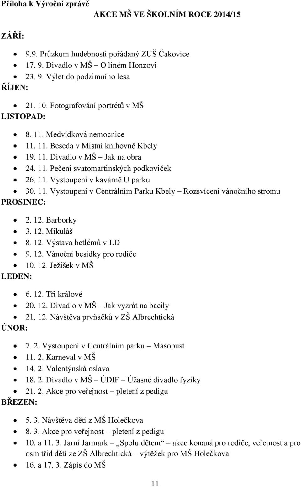 11. Vystoupení v Centrálním Parku Kbely Rozsvícení vánočního stromu PROSINEC: 2. 12. Barborky 3. 12. Mikuláš 8. 12. Výstava betlémů v LD 9. 12. Vánoční besídky pro rodiče 10. 12. Jeţíšek v MŠ LEDEN: 6.