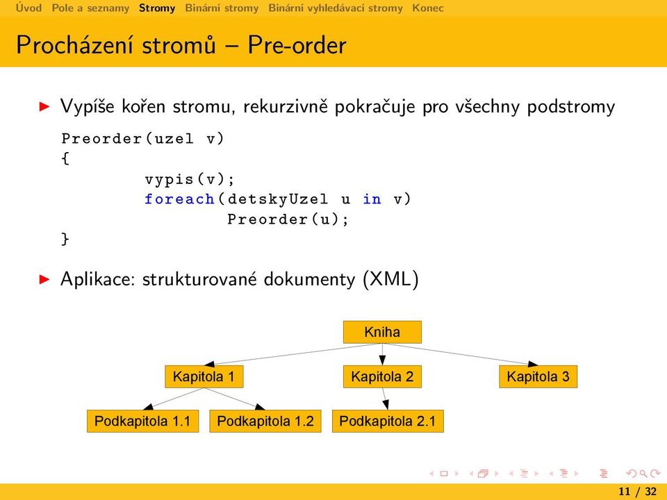 v) Preorder (u); Aplikace: strukturované dokumenty (XML) Kniha Kapitola 1