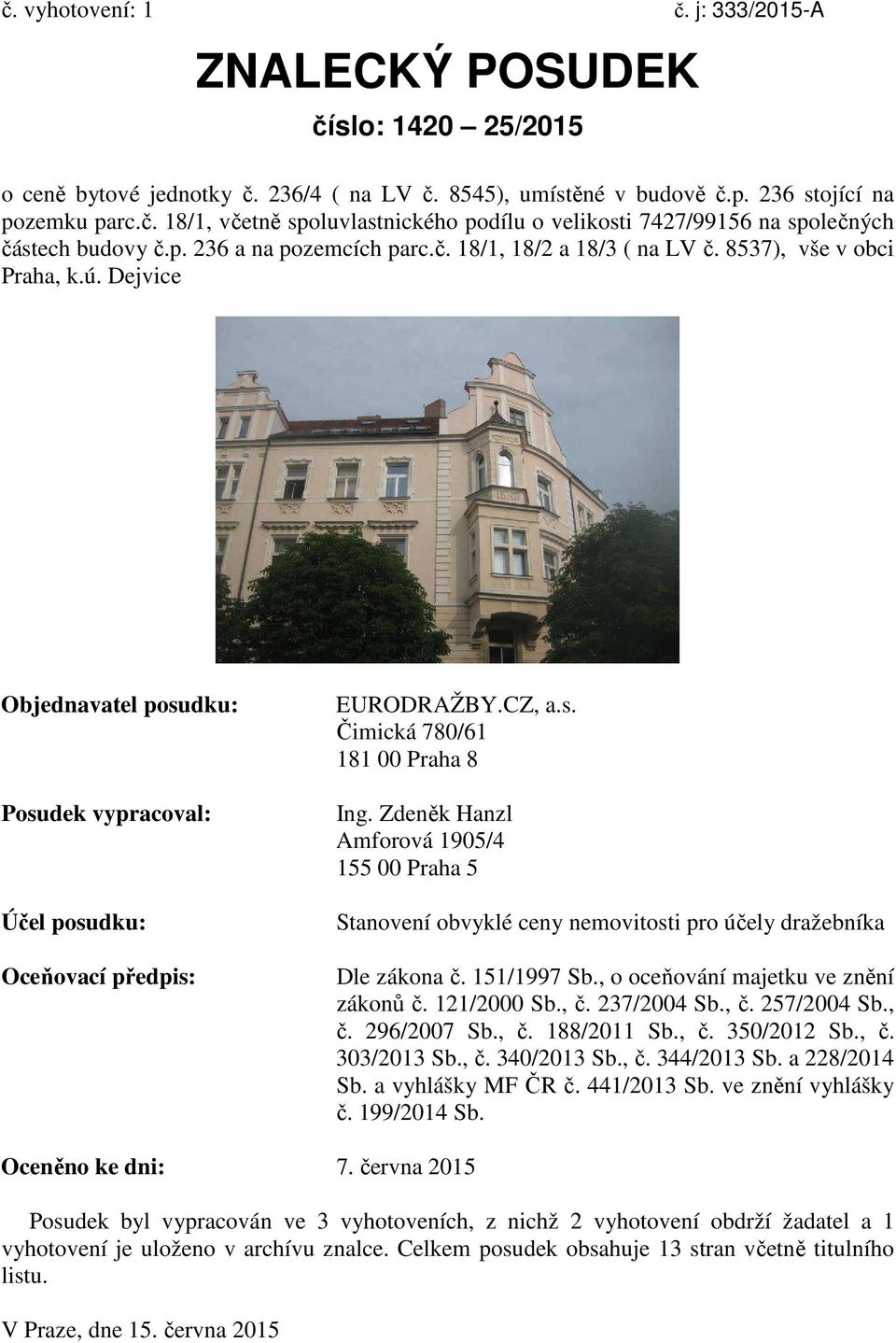 Zdeněk Hanzl Amforová 1905/4 155 00 Praha 5 Stanovení obvyklé ceny nemovitosti pro účely dražebníka Dle zákona č. 151/1997 Sb., o oceňování majetku ve znění zákonů č. 121/2000 Sb., č. 237/2004 Sb., č. 257/2004 Sb.