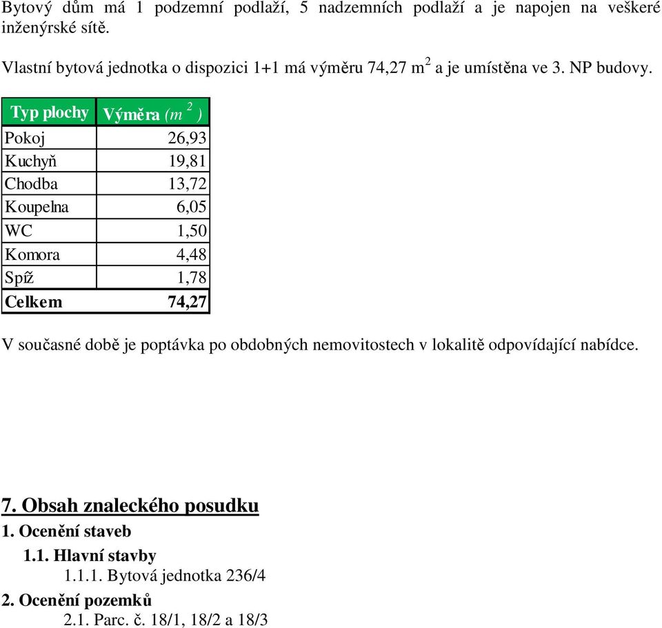 Typ plochy Výměra (m 2 ) Pokoj 26,93 Kuchyň 19,81 Chodba 13,72 Koupelna 6,05 WC 1,50 Komora 4,48 Spíž 1,78 Celkem 74,27 V současné