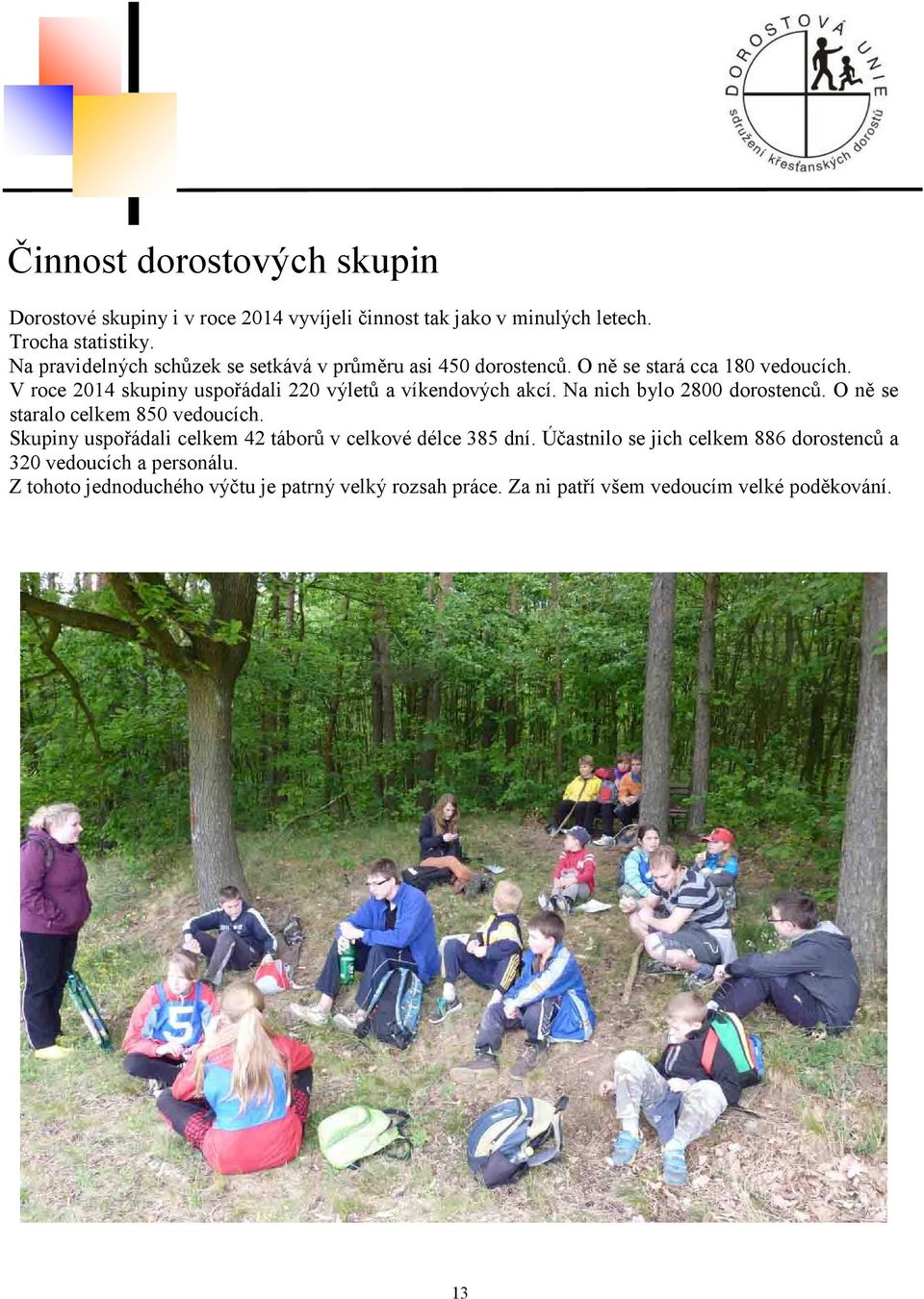 V roce 2014 skupiny uspořádali 220 výletů a víkendových akcí. Na nich bylo 2800 dorostenců. O ně se staralo celkem 850 vedoucích.