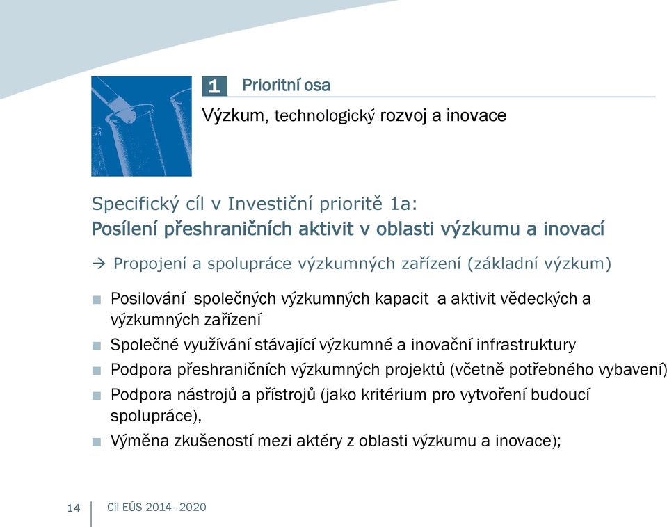 výzkumných zařízení Společné využívání stávající výzkumné a inovační infrastruktury Podpora přeshraničních výzkumných projektů (včetně