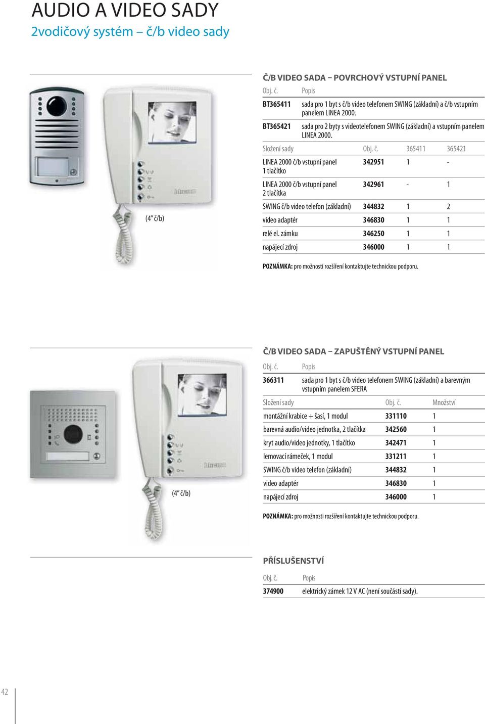 Složení sady 365411 365421 LINEA 2000 č/b 342951 1 - LINEA 2000 č/b 342961-1 SWING č/b video telefon (základní) 344832 1 2 Č/B VIDEO SADA ZAPUŠTĚNÝ VSTUPNÍ PANEL (4 č/b) 366311 sada pro 1 byt s č/b