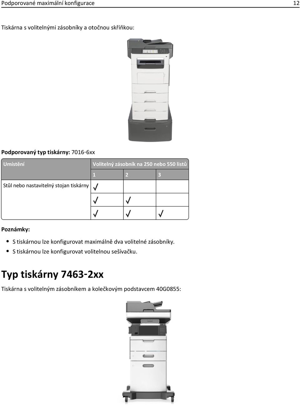 1 2 3 Poznámky: S tiskárnou lze konfigurovat maximálně dva volitelné zásobníky.
