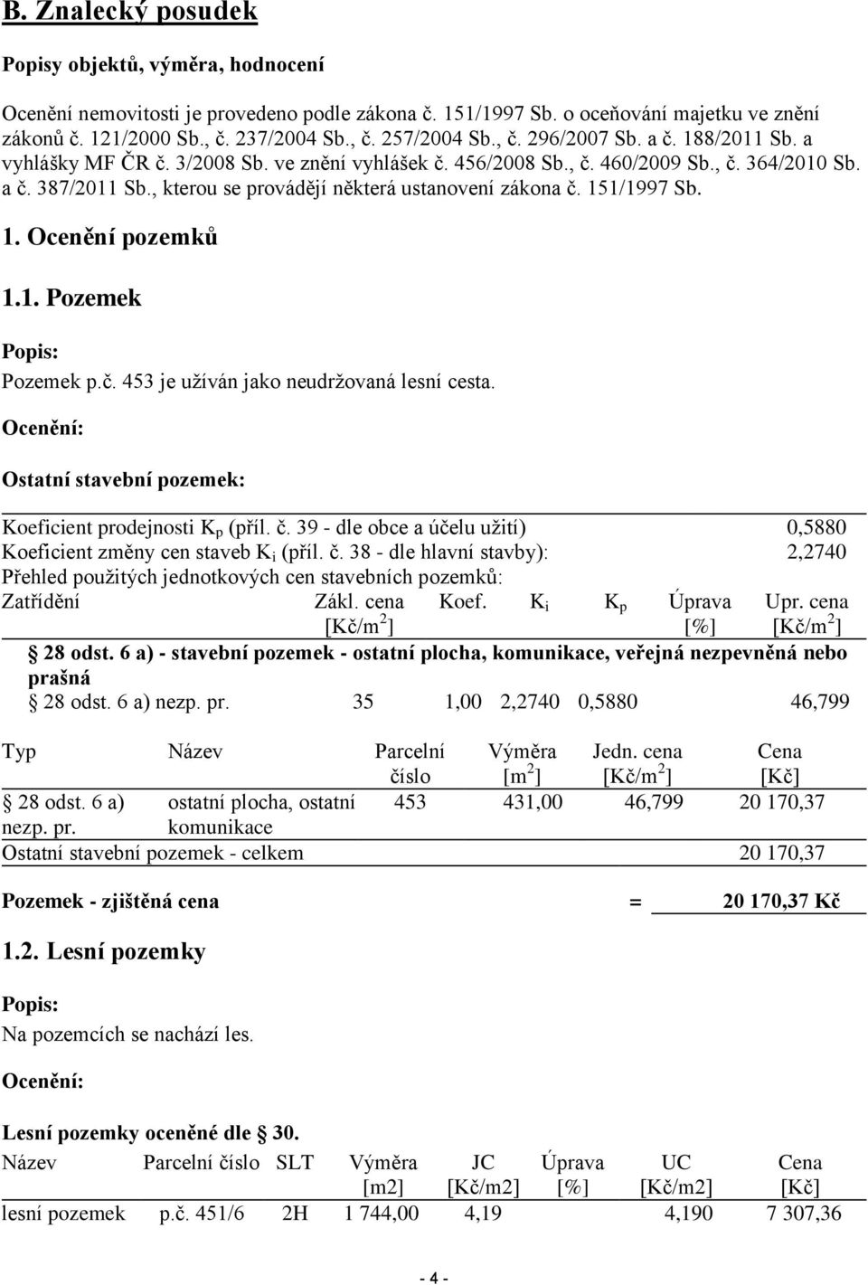 , kterou se provádějí některá ustanovení zákona č. 151/1997 Sb. 1. Ocenění pozemků 1.1. Pozemek Popis: Pozemek p.č. 453 je užíván jako neudržovaná lesní cesta.