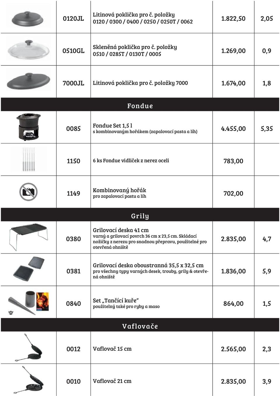 455,00 5,35 1150 6 ks Fondue vidliček z nerez oceli 783,00 1149 Kombinovaný hořák pro zapalovací pastu a líh 702,00 0380 Grily Grilovací deska 41 cm varný a grilovací povrch 36 cm x 23,5 cm.