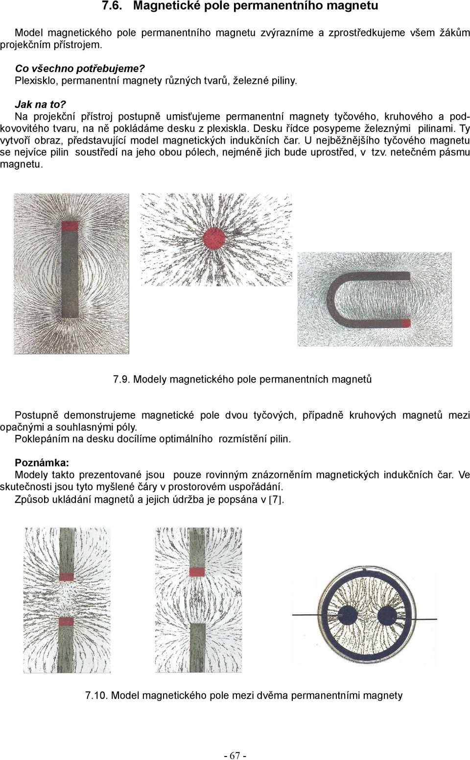 Na projekční přístroj postupně umisťujeme permanentní magnety tyčového, kruhového a pod kovovitého tvaru, na ně pokládáme desku z plexiskla. Desku řídce posypeme železnými pilinami.