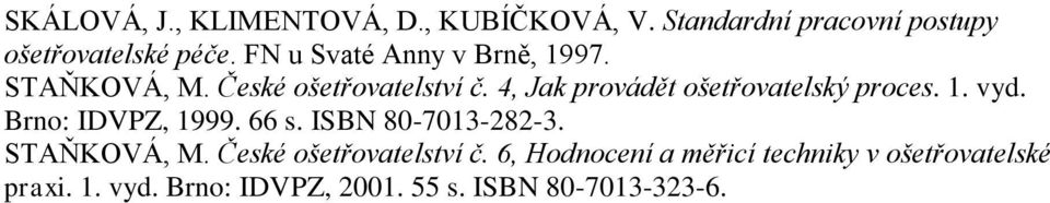 4, Jak provádět ošetřovatelský proces. 1. vyd. Brno: IDVPZ, 1999. 66 s. ISBN 80-7013-282-3.