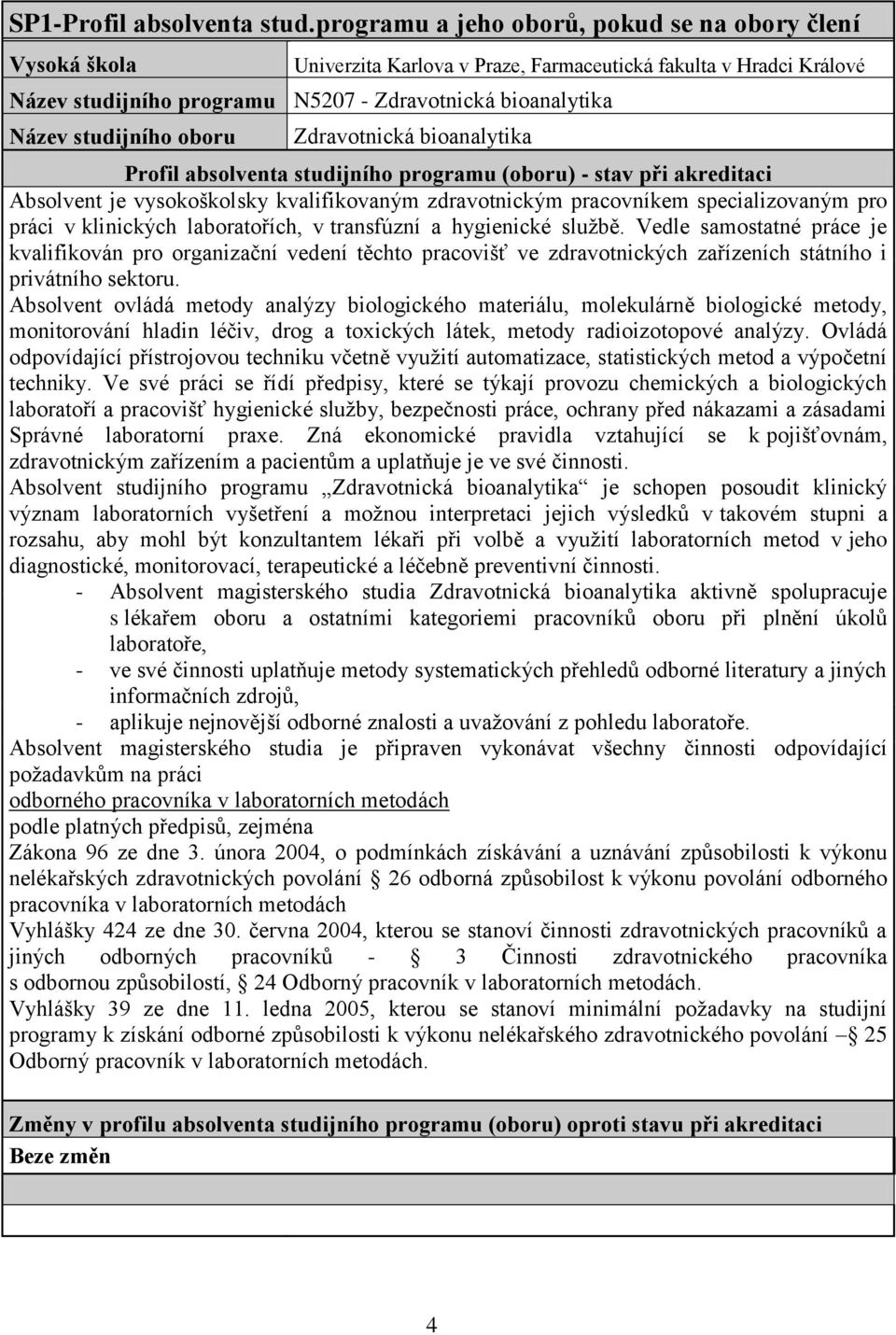 studijního oboru Zdravotnická bioanalytika Profil absolventa studijního programu (oboru) - stav při akreditaci Absolvent je vysokoškolsky kvalifikovaným zdravotnickým pracovníkem specializovaným pro