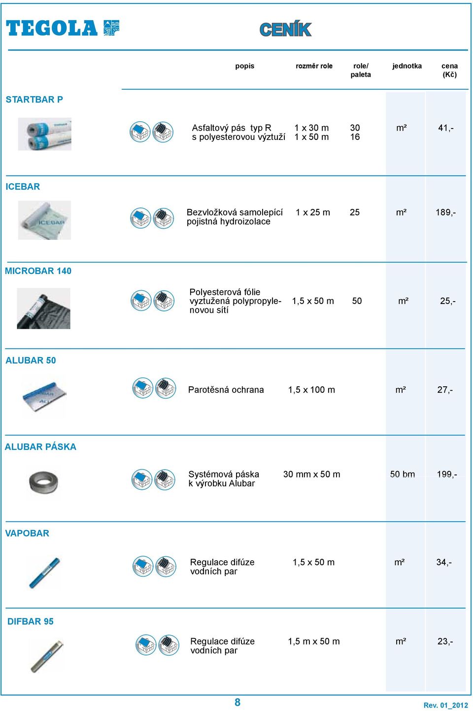 1,5 x 50 m 50 m² 25,- ALUBAR 50 Parotěsná ochrana 1,5 x 100 m m² 27,- ALUBAR PÁSKA Systémová páska k výrobku Alubar 30 mm x 50