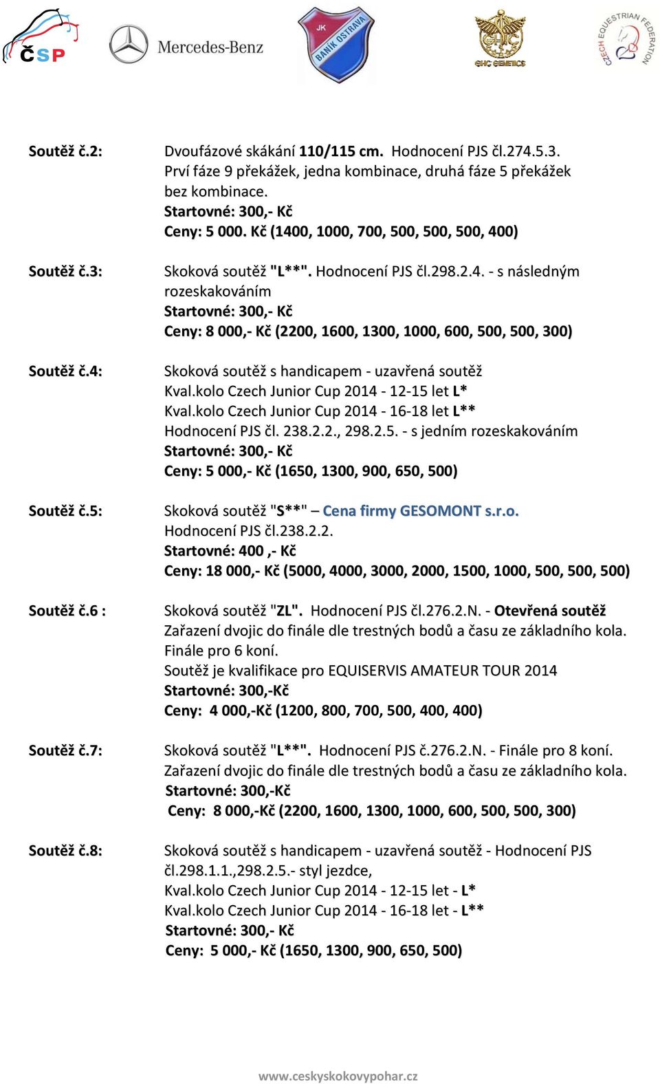 kolo Czech Junior Cup 2014 12 15 let L* Kval.kolo Czech Junior Cup 2014 16 18 let L** Hodnocení PJS čl. 238.2.2., 298.2.5. s jedním rozeskakováním Ceny: 5 000, Kč (1650, 1300, 900, 650, 500) Skoková soutěž "S**" Cena firmy GESOMONT s.