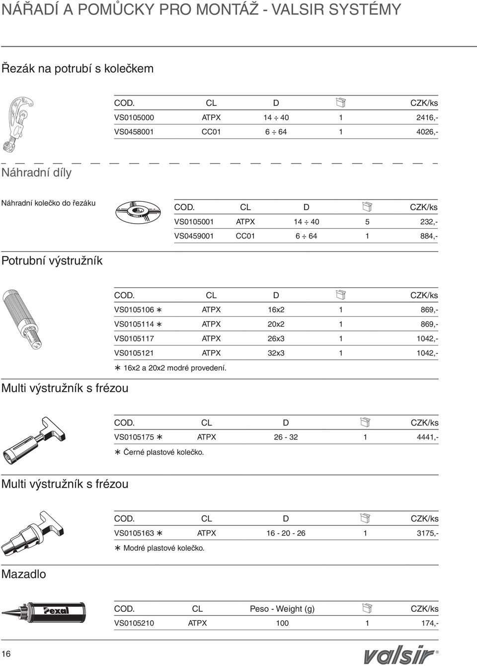 CL D CZK/ks VS0105001 atpx 14 40 5 232,- VS0459001 CC01 6 64 1 884,- Potrubní výstružník Multi výstružník s frézou COD.