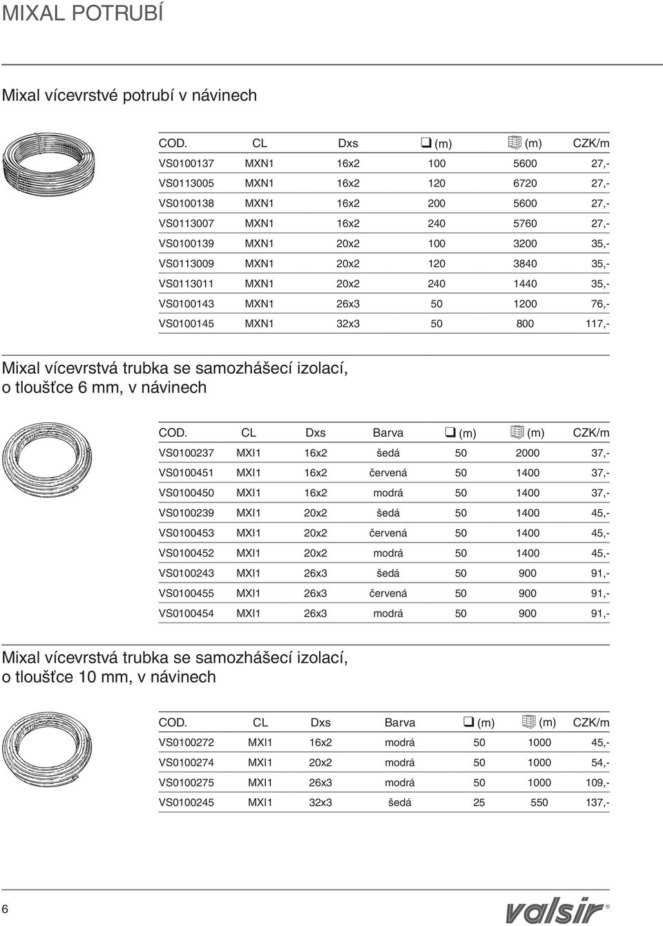 VS0113009 MXN1 20x2 120 3840 35,- VS0113011 MXN1 20x2 240 1440 35,- VS0100143 MXN1 26x3 50 1200 76,- VS0100145 MXN1 32x3 50 800 117,- Mixal vícevrstvá trubka se samozhášecí izolací, o tloušťce 6 mm,