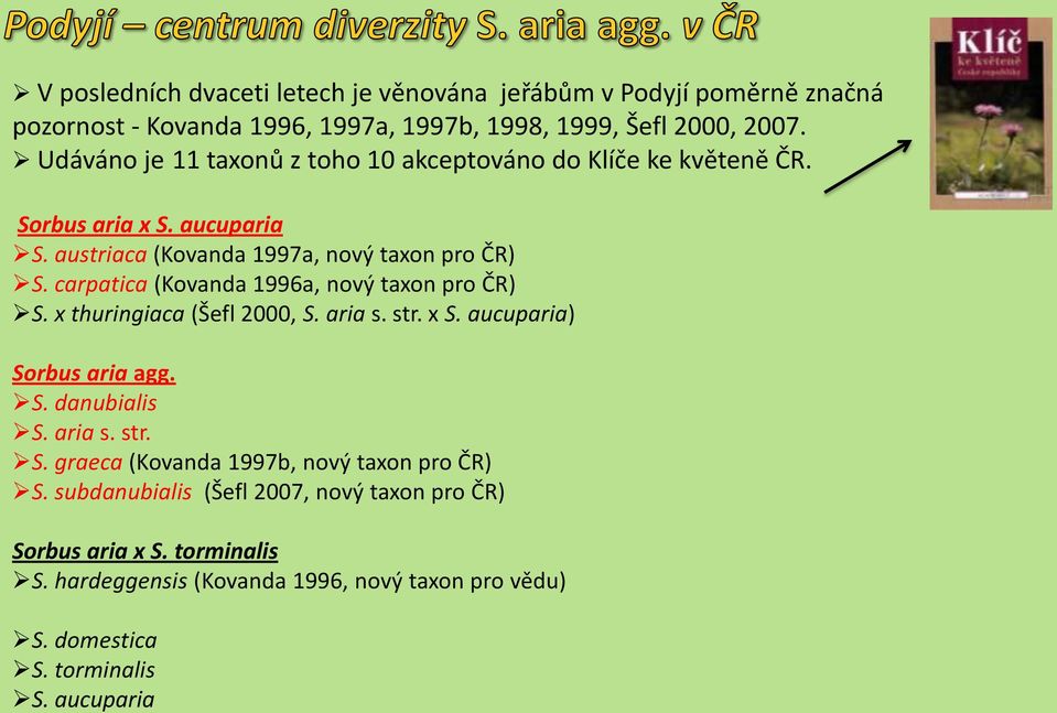carpatica (Kovanda 1996a, nový taxon pro ČR) S. x thuringiaca (Šefl 2000, S. aria s. str. x S. aucuparia) Sorbus aria agg. S. danubialis S. aria s. str. S. graeca (Kovanda 1997b, nový taxon pro ČR) S.