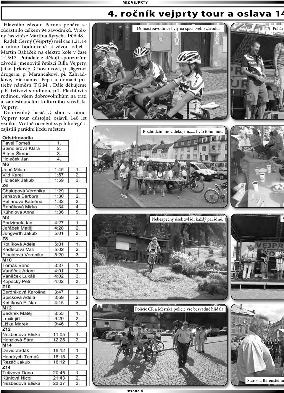 Pořadatelé děkují sponzorům závodů jmenovitě řetězci Billa Vejprty, Jatka Jirkov,p. Chovancovi, p. Jägerovi drogerie, p. Marančákovi, pí. Zahrádkové, Vietnamec Pepa a domácí potřeby náměstí T.G.M. Dále děkujeme p.
