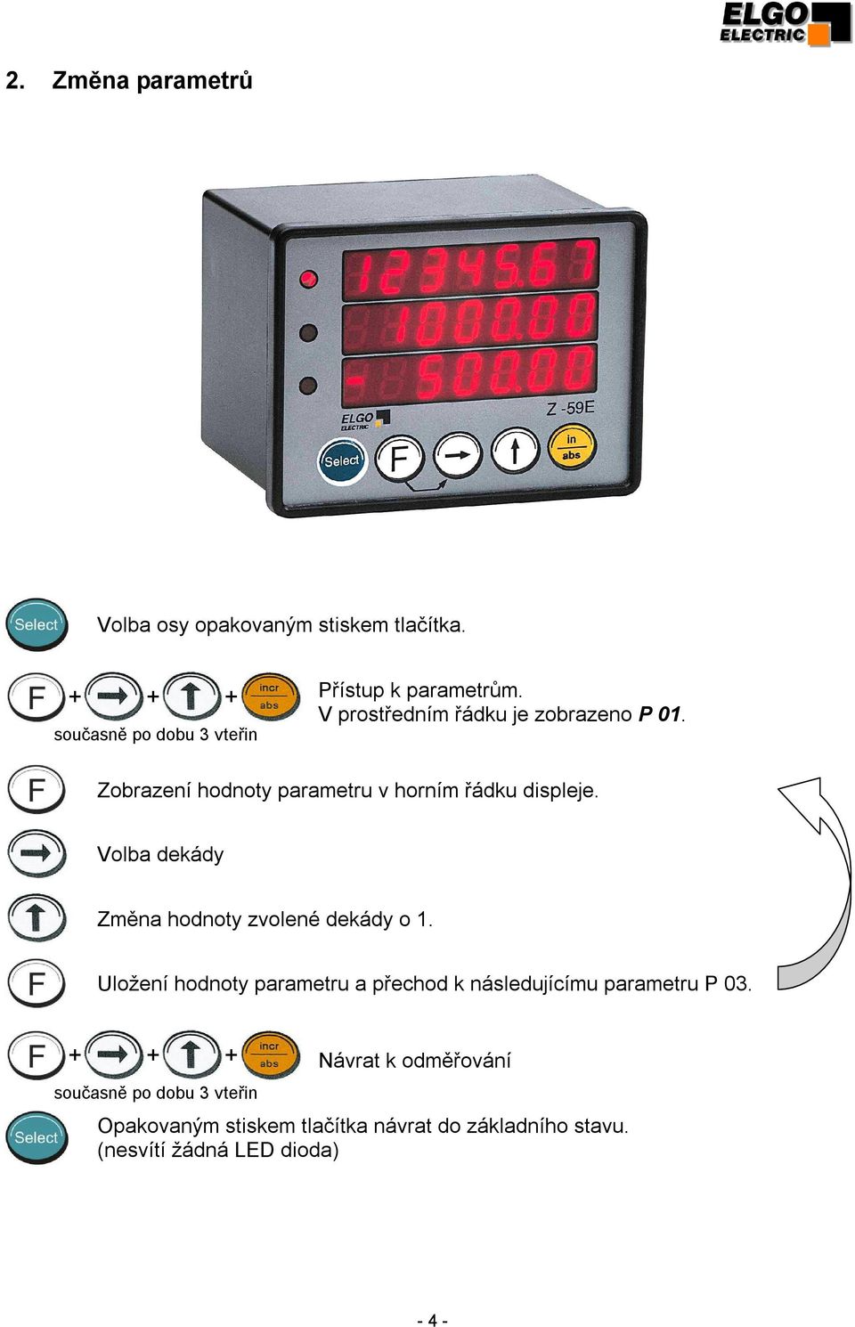 Volba dekády Změna hodnoty zvolené dekády o 1. Uložení hodnoty parametru a přechod k následujícímu parametru P 03.