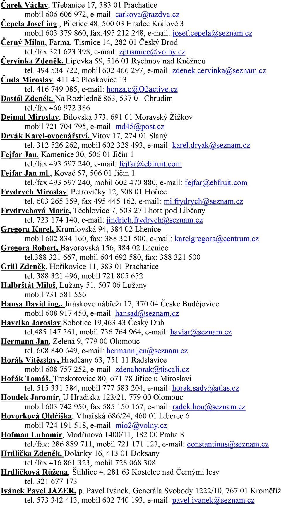 494 534 722, mobil 602 466 297, e-mail: zdenek.cervinka@seznam.cz uda Miroslav, 411 42 Ploskovice 13 tel. 416 749 085, e-mail: honza.c@o2active.cz Dostál Zden k, Na Rozhledn 863, 537 01 Chrudim tel.