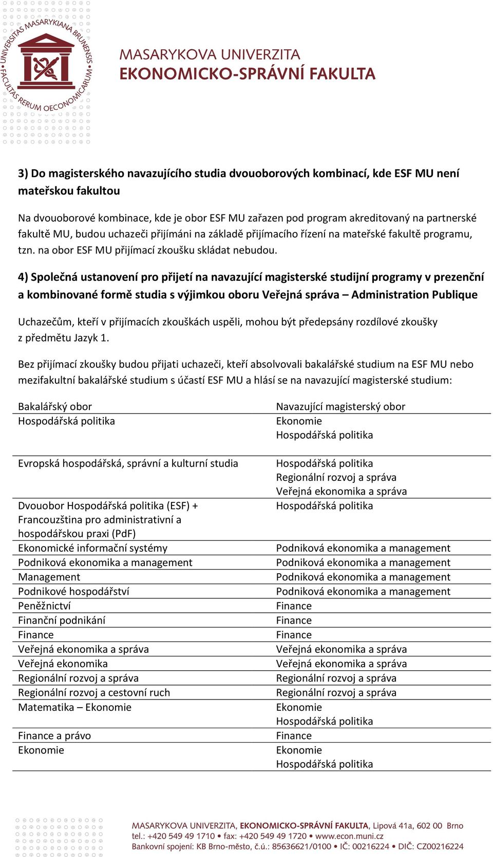 4) Společná ustanovení pro přijetí na navazující magisterské studijní programy v prezenční a kombinované formě studia s výjimkou oboru Veřejná správa Administration Publique Uchazečům, kteří v