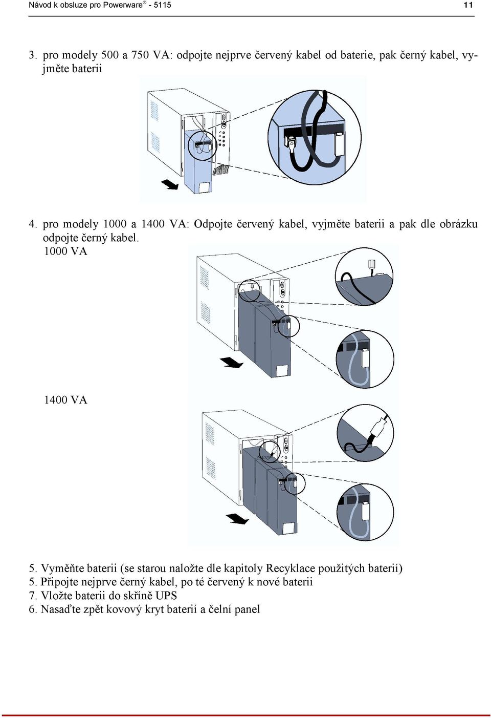 pro modely 1000 a 1400 VA: Odpojte červený kabel, vyjměte baterii a pak dle obrázku odpojte černý kabel. 1000 VA 1400 VA 5.