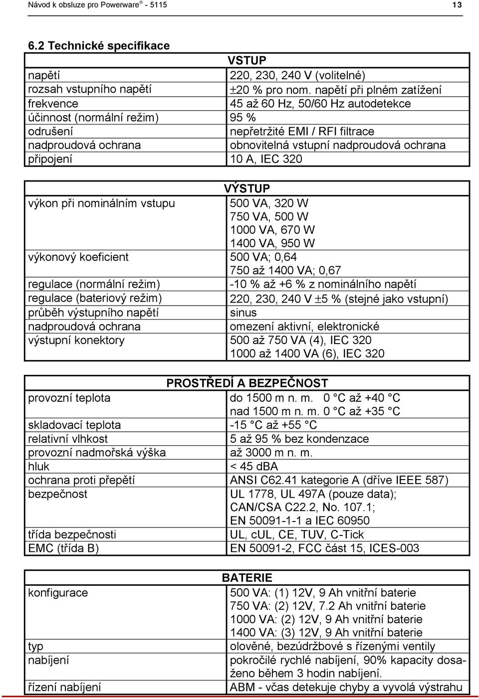 ochrana připojení 10 A, IEC 320 VÝSTUP výkon při nominálním vstupu 500 VA, 320 W 750 VA, 500 W 1000 VA, 670 W 1400 VA, 950 W výkonový koeficient 500 VA; 0,64 750 až 1400 VA; 0,67 regulace (normální