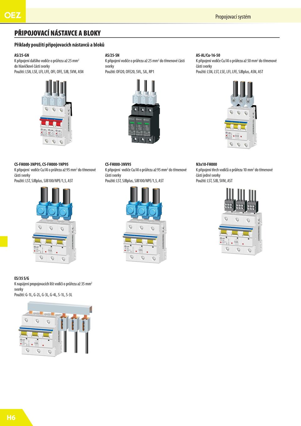 části Použití: LSN, LST, LSE, LFI, LFE, SJBplus, ASN, AST CS-FH000-3NP9, CS-FH000-1NP9 K připojení vodiče Cu/Al o průřezu až 9 mm 2 do třmenové části Použití: LST, SJBplus, SJB100/NPE/, AST