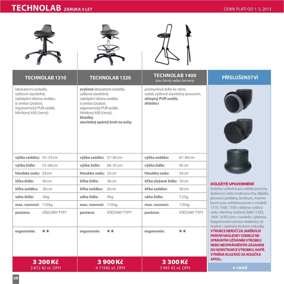 2013 TECHNOLAB 1310 TECHNOLAB 1320 TECHNOLAB 1400 kov černý nebo červený PŘÍSLUŠENSTVÍ laboratorní sedadlo, výškově stavitelné, naklápění sklonu sedáku (s aretací pozice), ergonomický PUR sedák,