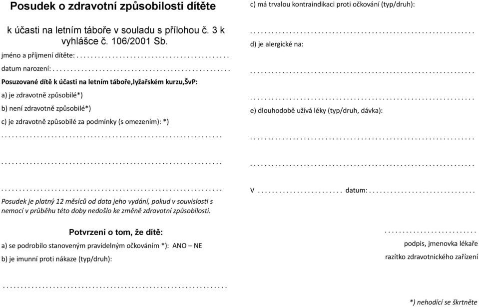 ............................................................. c) má trvalou kontraindikaci proti očkování (typ/druh): d) je alergické na: e) dlouhodobě užívá léky (typ/druh, dávka):.