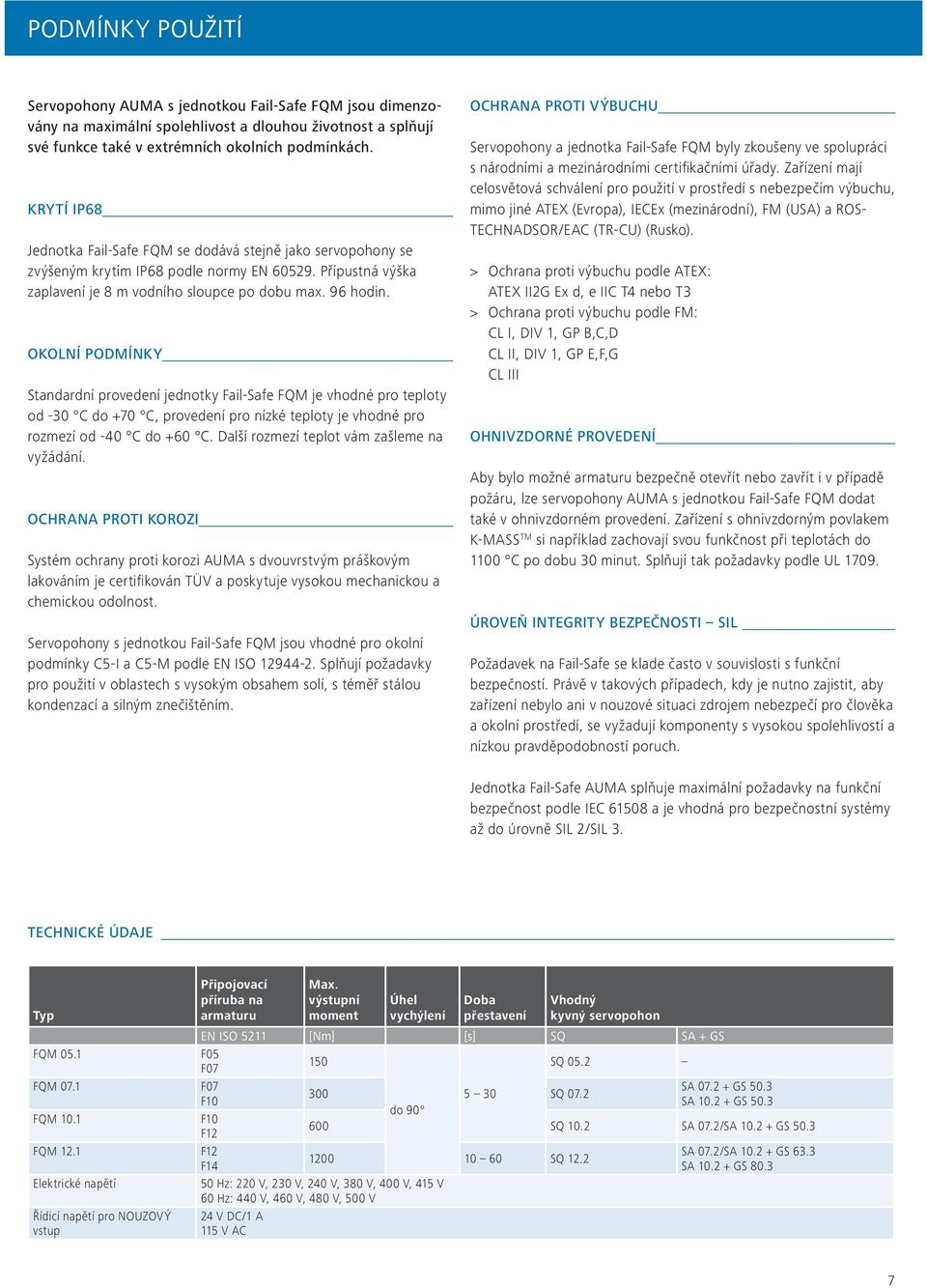 OKOLNÍ PODMÍNKY Standardní provedení jednotky Fail-Safe FQM je vhodné pro teploty od -30 C do +70 C, provedení pro nízké teploty je vhodné pro rozmezí od -40 C do +60 C.