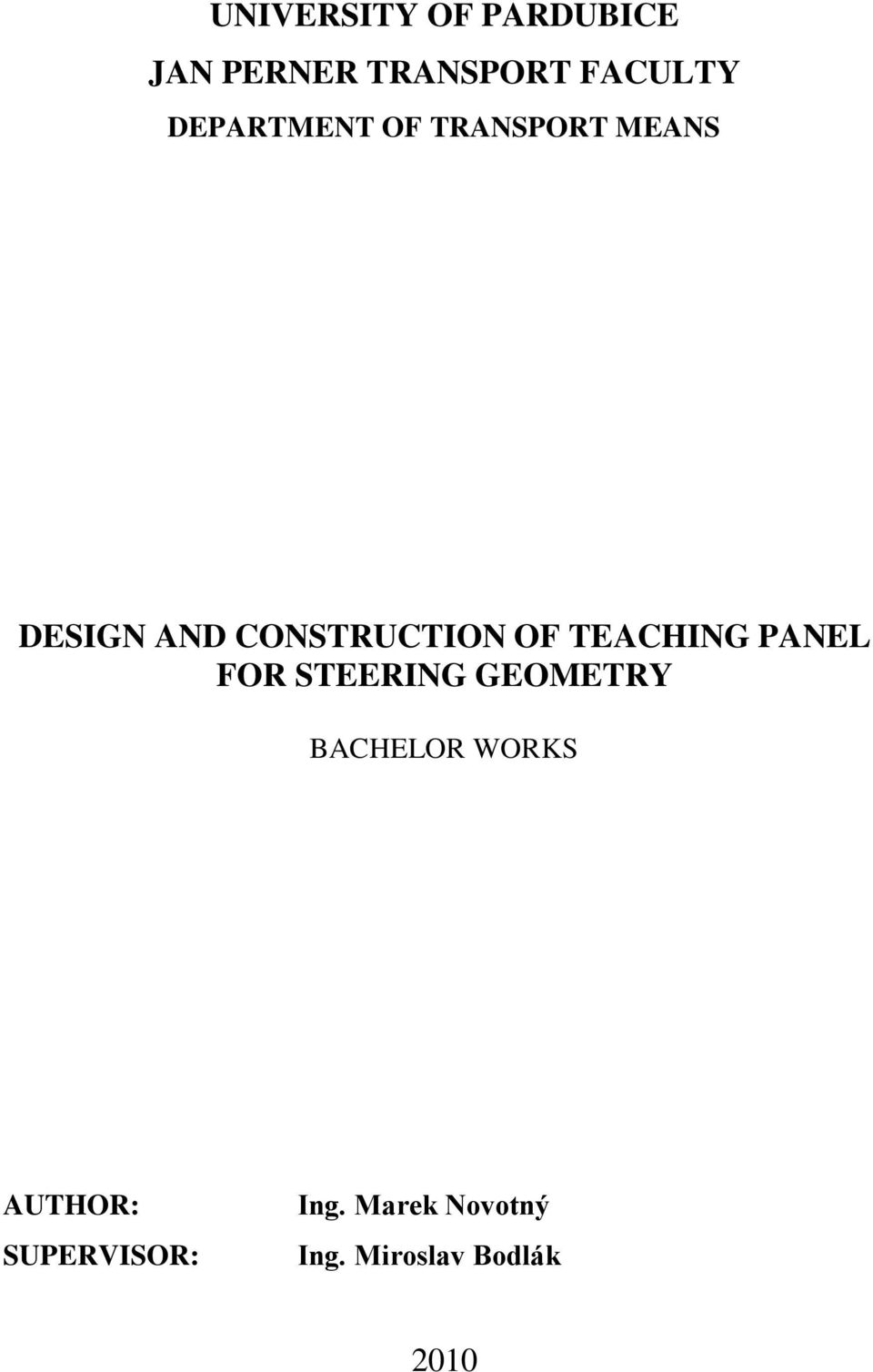 TEACHING PANEL FOR STEERING GEOMETRY BACHELOR WORKS