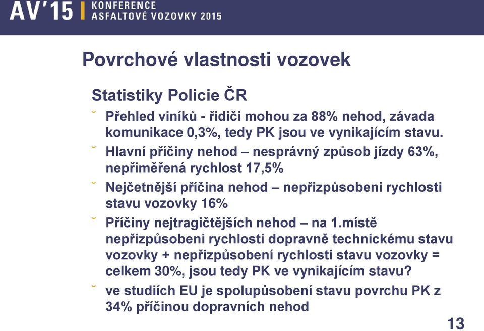 Hlavní příčiny nehod nesprávný způsob jízdy 63%, nepřiměřená rychlost 17,5% Nejčetnější příčina nehod nepřizpůsobeni rychlosti stavu vozovky