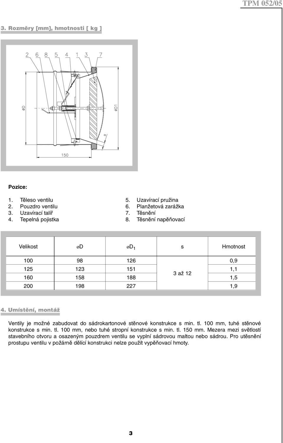 Umístění, montáž Ventily je možné zabudovat do sádrokartonové stěnové konstrukce s min. tl. 100 mm, tuhé stěnové konstrukce s min. tl. 100 mm, nebo tuhé stropní konstrukce s min.