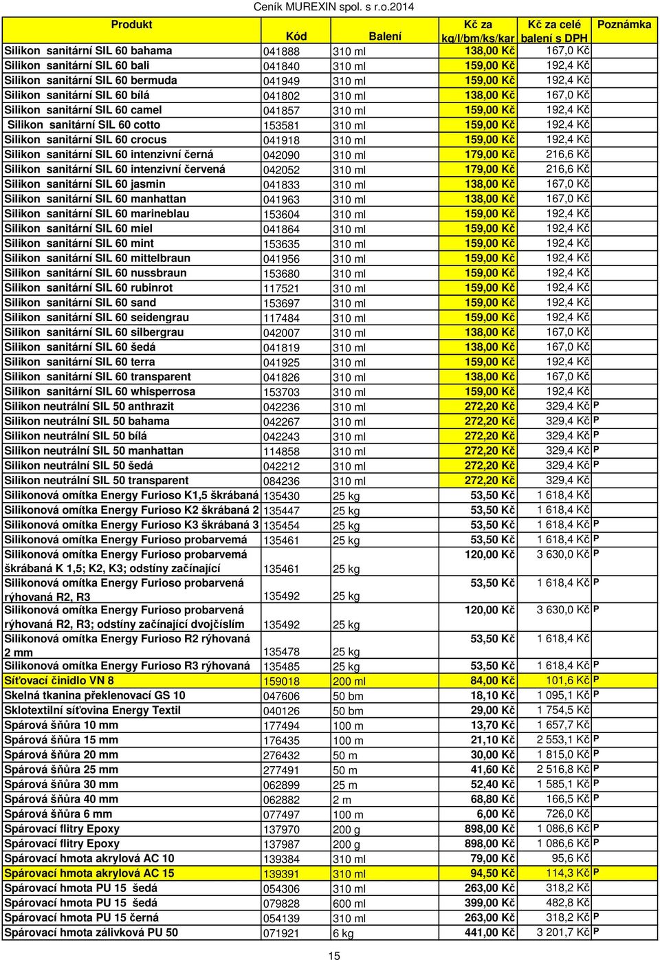 sanitární SIL 60 crocus 041918 310 ml 159,00 Kč 192,4 Kč Silikon sanitární SIL 60 intenzivní černá 042090 310 ml 179,00 Kč 216,6 Kč Silikon sanitární SIL 60 intenzivní červená 042052 310 ml 179,00 Kč