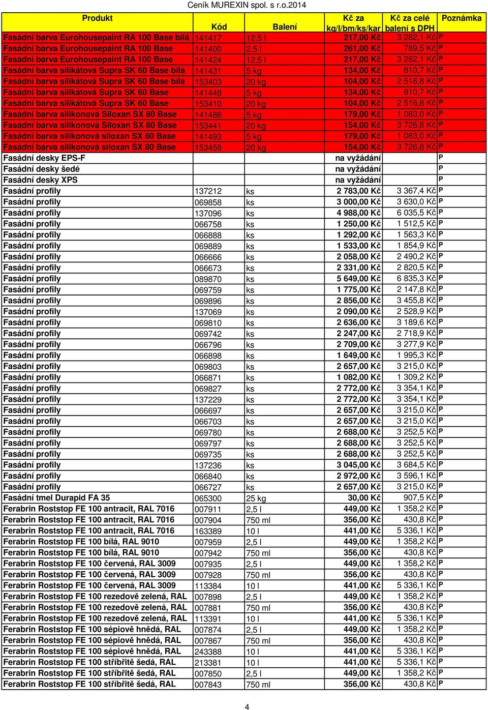 Fasádní barva silikátová Supra SK 60 Base 141448 5 kg 134,00 Kč 810,7 Kč P Fasádní barva silikátová Supra SK 60 Base 153410 20 kg 104,00 Kč 2 516,8 Kč P Fasádní barva silikonová Siloxan SX 80 Base