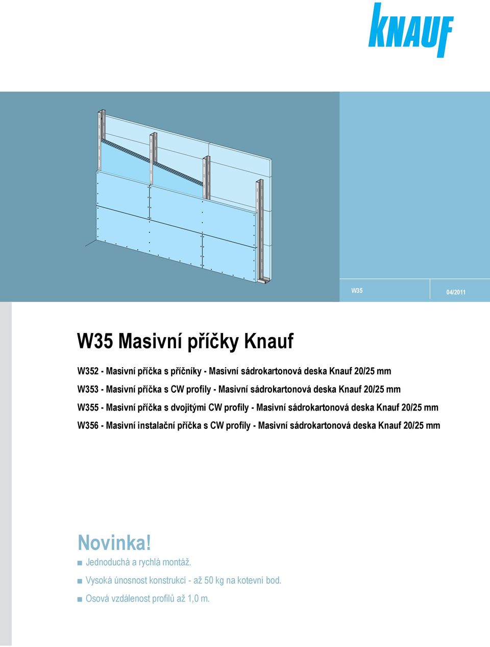 Masivní sádrokartonová deska Knauf 20/25 mm W356 - Masivní instalační příčka s CW profily - Masivní sádrokartonová deska Knauf