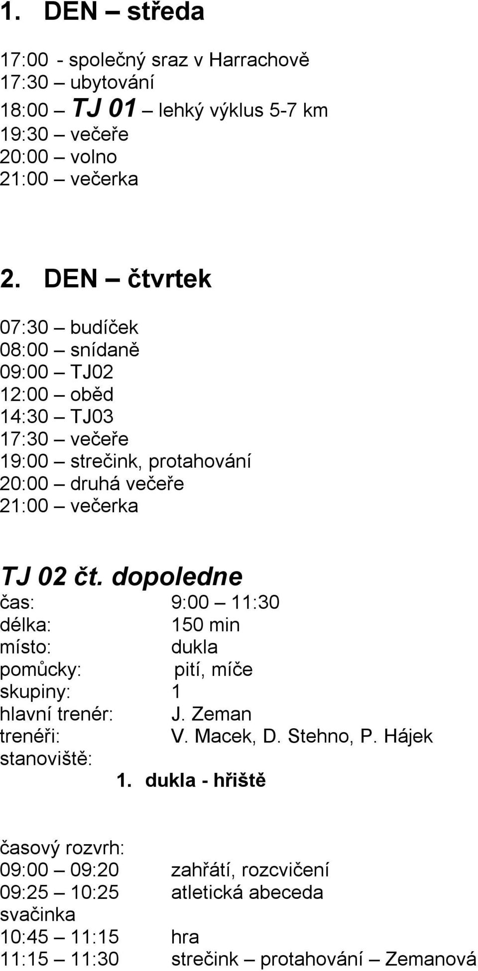 21:00 večerka TJ 02 čt. dopoledne čas: 9:00 11:30 150 min dukla pomůcky: pití, míče skupiny: 1 V. Macek, D. Stehno, P. Hájek 1.